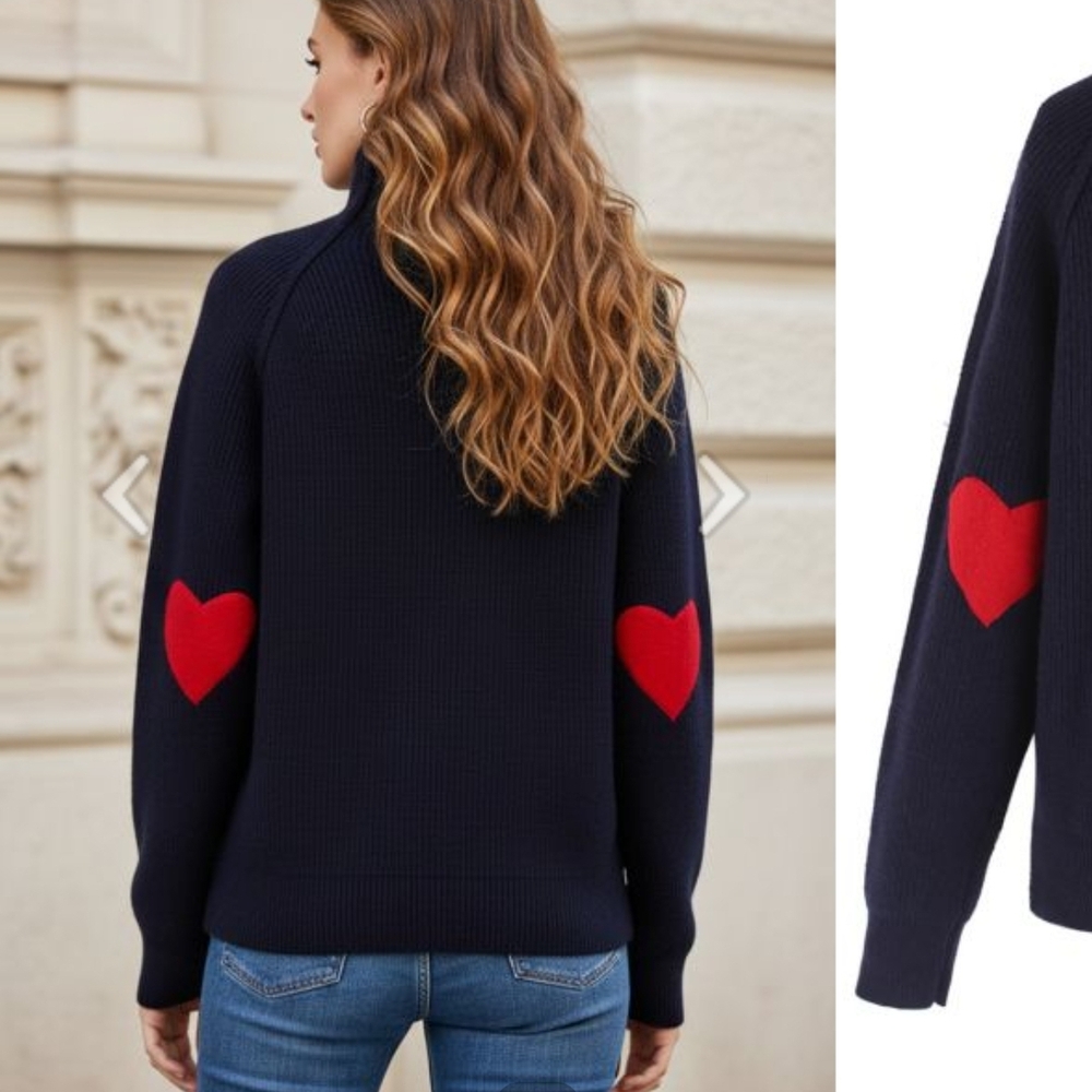 Chicwish Navy Sweater with Red Heart Details